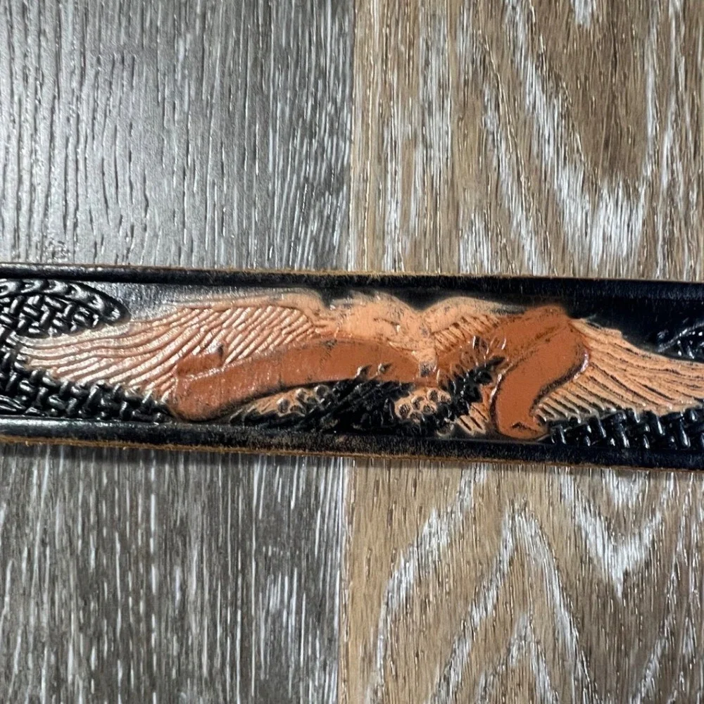 Vintage Eagle Embossed Leather Belt Mens 36 Black Brown Western Tooled 6270-89